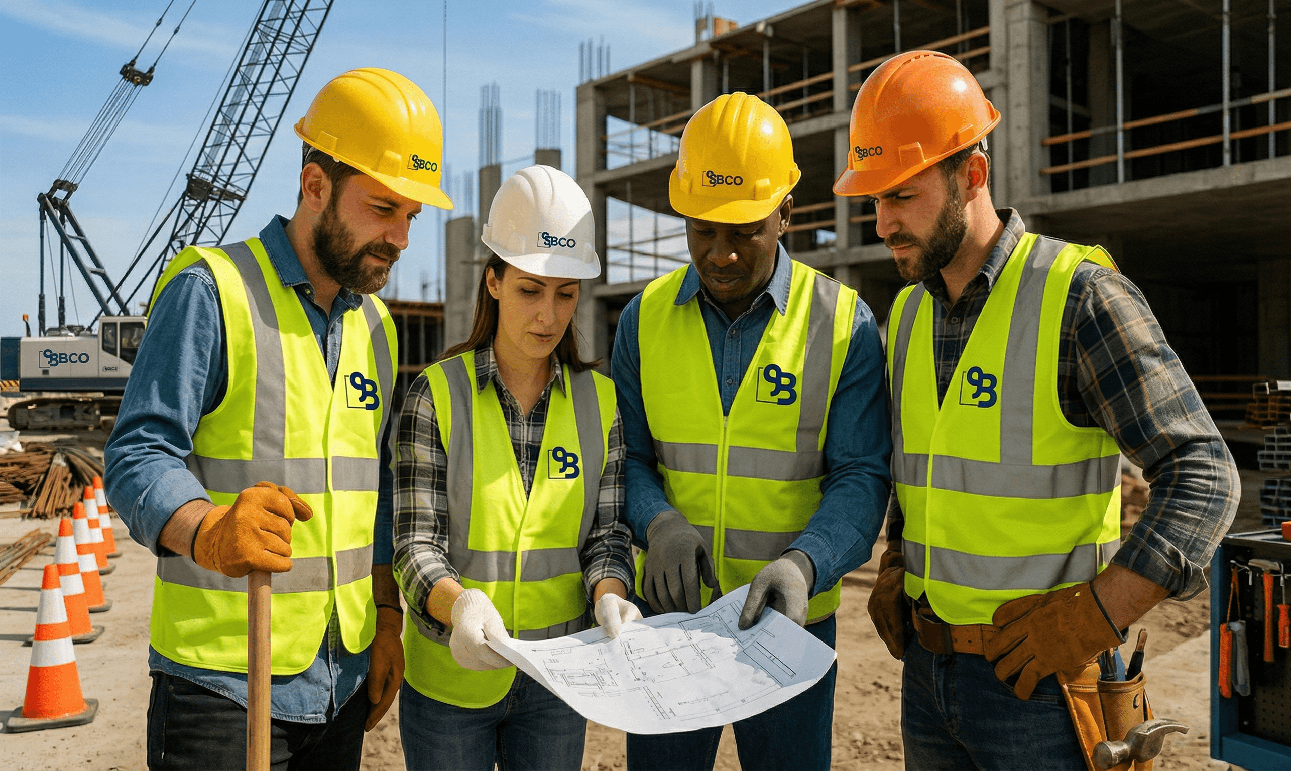 SBCO Construction employees walking through an active construction site